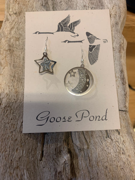 Moon & Stars Gold & Silver Earrings by Goose Pond