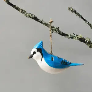 Hanging Blue Jay Ornament - 2.5"H - Hand Carved Wooden Birds
