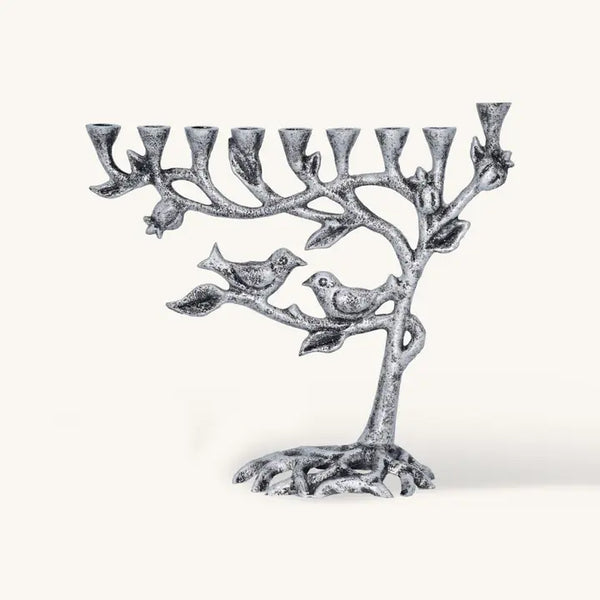 Antiqued Candle Menorah - 7.5 Inches - Tree of Life Silver