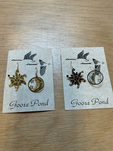 Sunburst and Moon Earrings in Gold or Silver - by Goose Pond