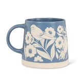 Wide Base Mug with Leaves & Birds-Blue-3.5"H