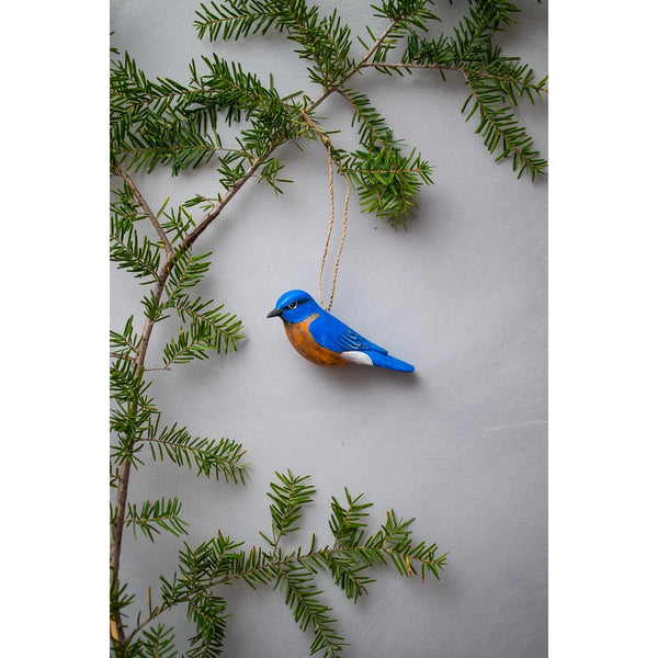 Hanging Blue Bird Ornament - 2.5"H - Hand Carved Wooden Birds